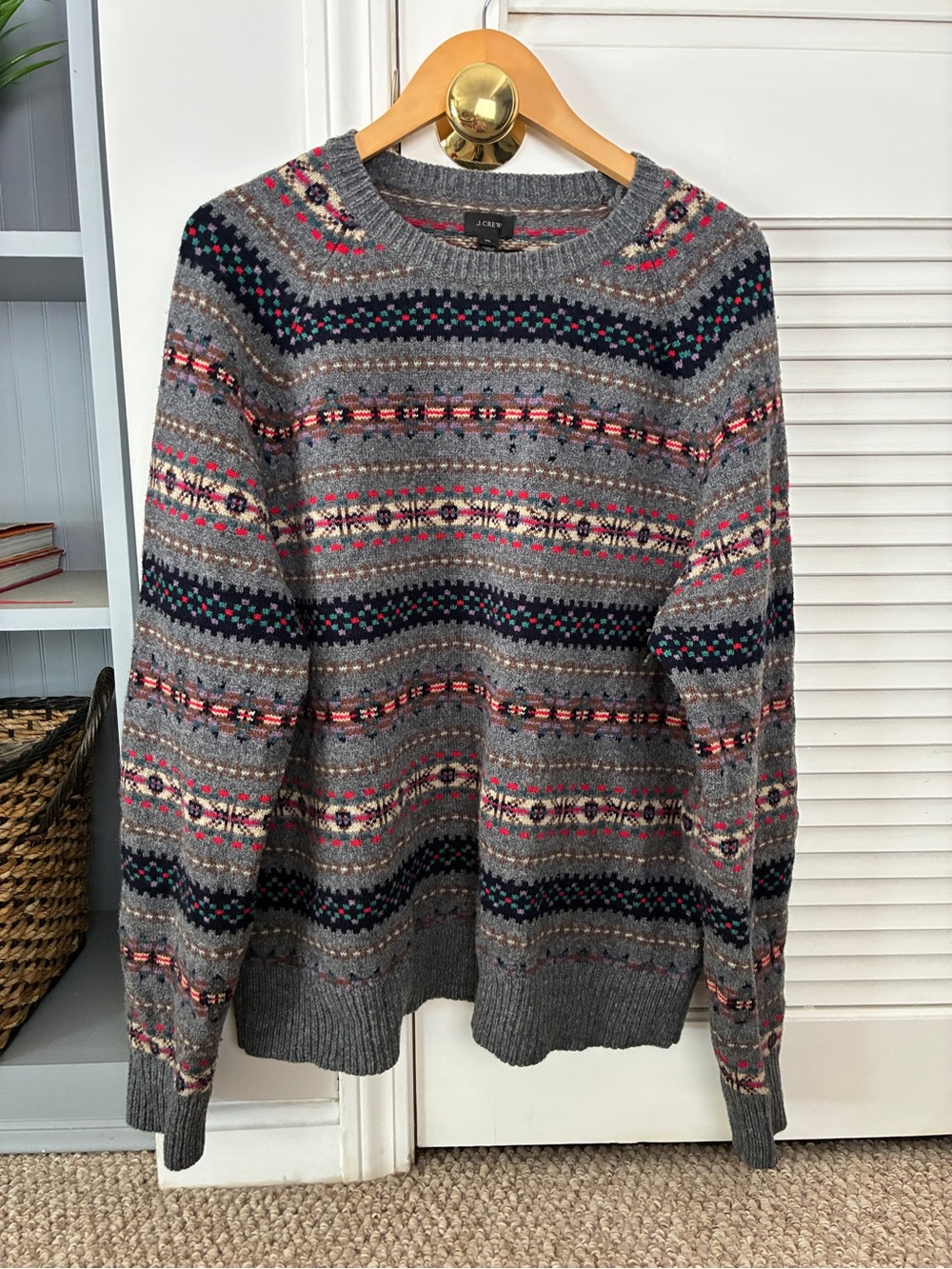 J.Crew Men’s Gray 100% Lambs Wool Fair Isle Knit Sweater Outdoors Cozy Size XL